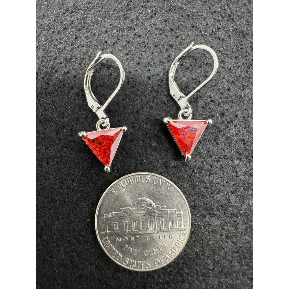 Silver Tone Leverback Dangle Earrings Red Triangle Stones Prong Set